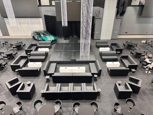 Black leather VIP furniture rental for an exclusive luxury event in Miami, Florida